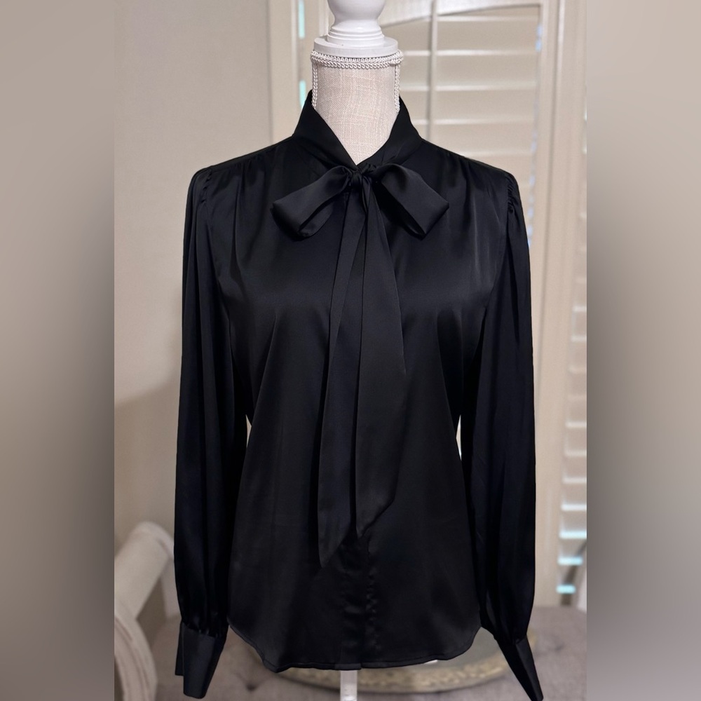 Worthington Black Satin Bow-Neck Blouse